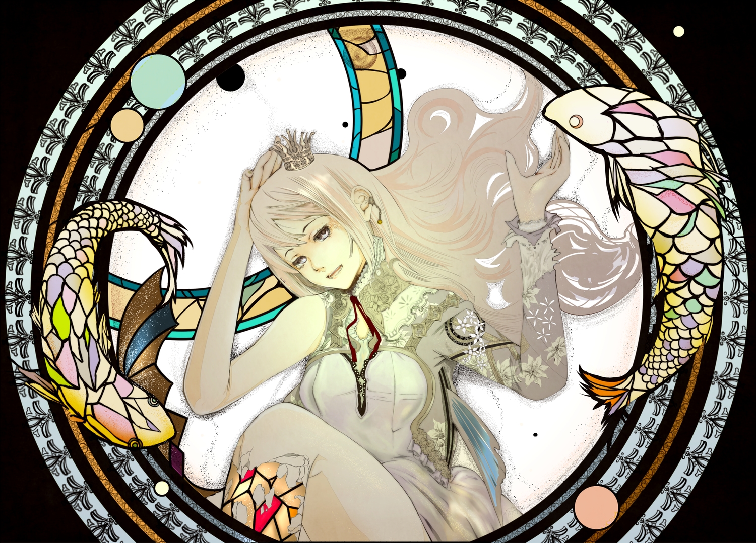 blonde_hair, blue_eyes, crown, dress, long_hair, megurine_luka, nine_(plantroom9), vocaloid