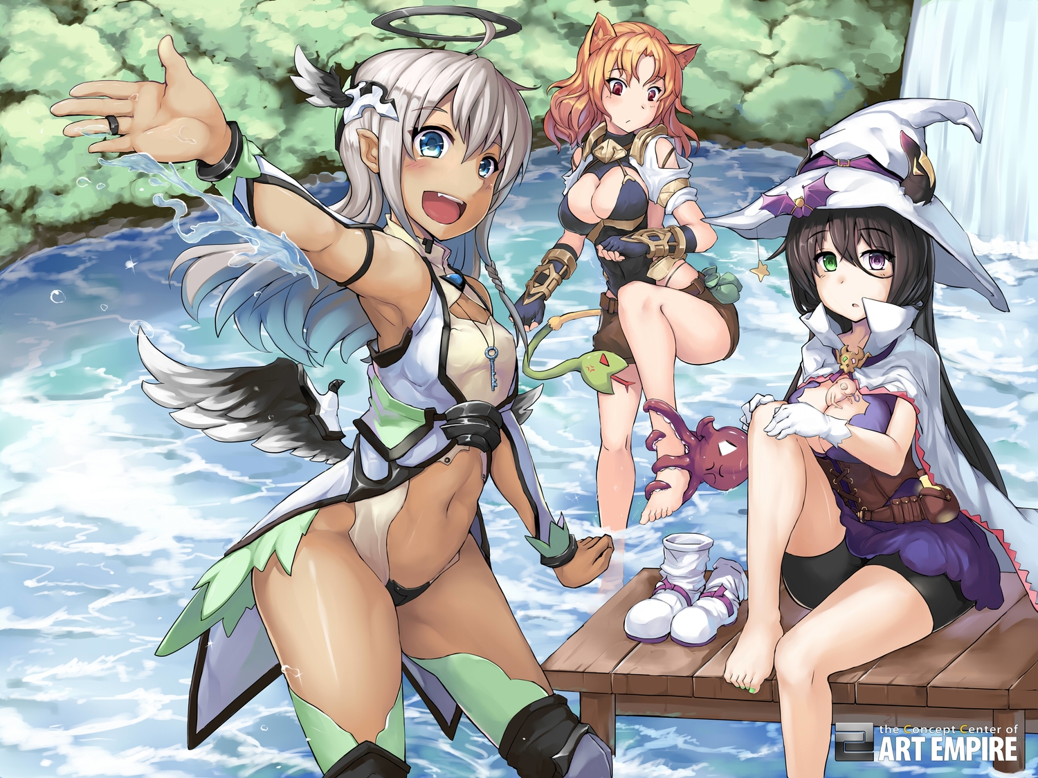 animal, animal_ears, barefoot, bicolored_eyes, bike_shorts, breasts, cleavage, gloves, halo, hat, lu_hao_liang, navel, necklace, orange_hair, original, pointed_ears, shorts, thighhighs, water, wet, wings, witch, witch_hat