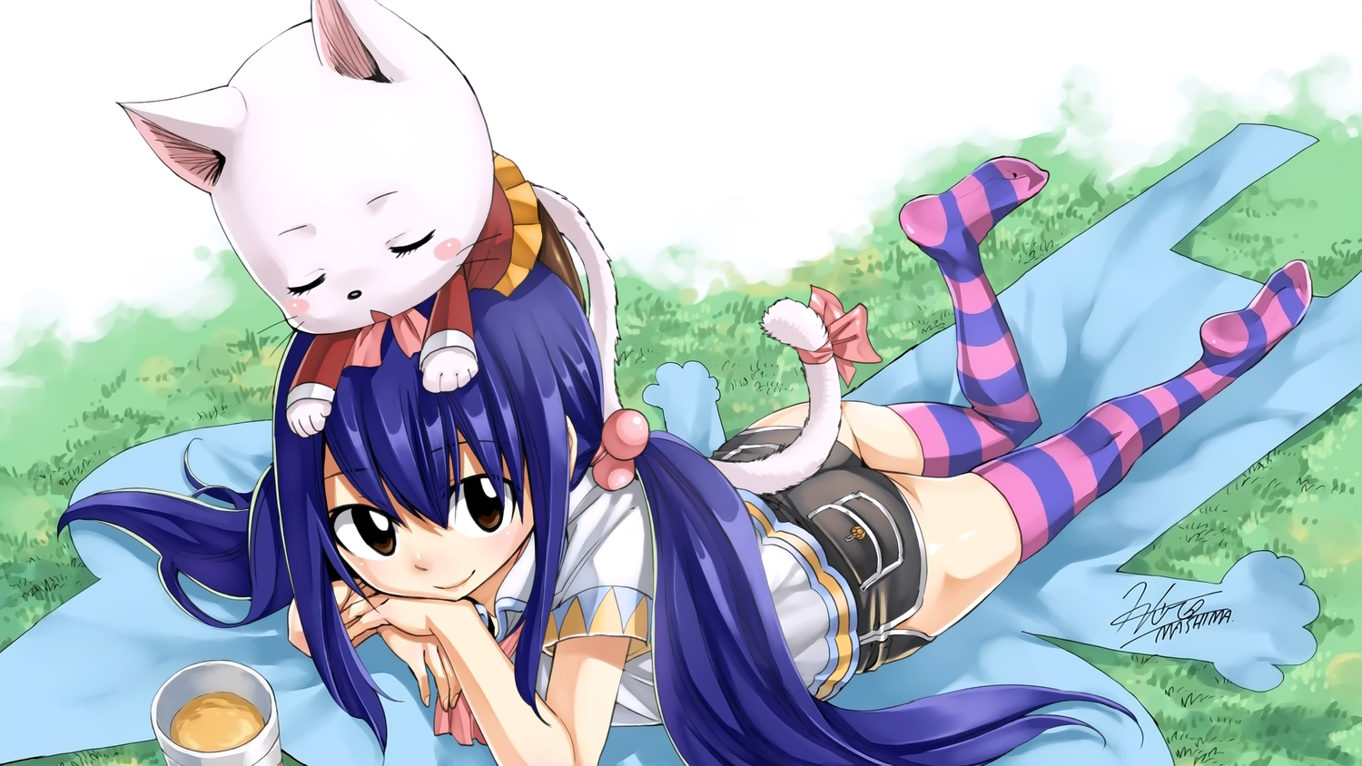 animal, brown_eyes, cat, charle_(fairy_tail), drink, fairy_tail, grass, long_hair, mashima_hiro, purple_hair, shorts, signed, sleeping, thighhighs, twintails, wendy_marvell