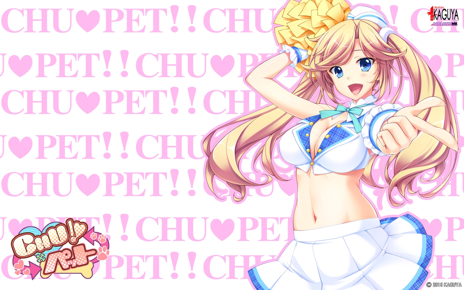 atelier_kaguya, blonde_hair, blue_eyes, cheerleader, chu_x_pet, long_hair, skirt, suzusaki_kotori, tagme_(artist), twintails
