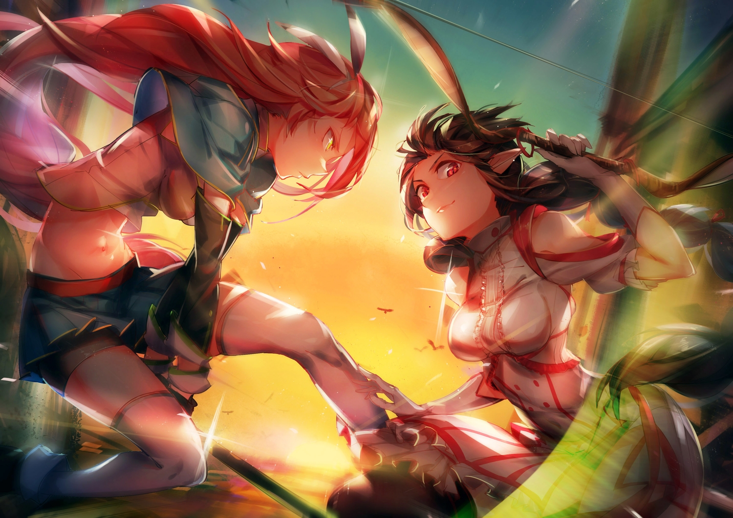 2girls, bike_shorts, black_hair, bow_(weapon), braids, dress, gloves, jpeg_artifacts, long_hair, original, pg_(pgouwoderen), pixiv_fantasia, pointed_ears, red_eyes, red_hair, shorts, skirt, sunset, thighhighs, weapon, yellow_eyes