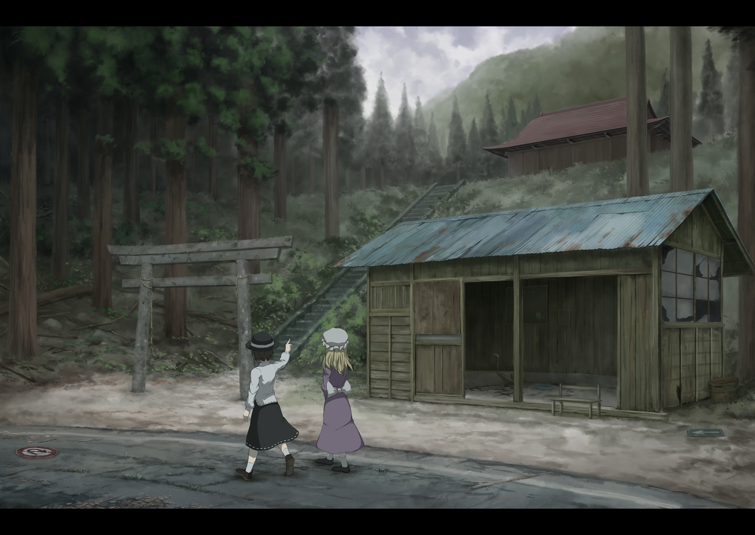 2girls, blonde_hair, brown_hair, building, forest, hat, long_hair, maribel_han