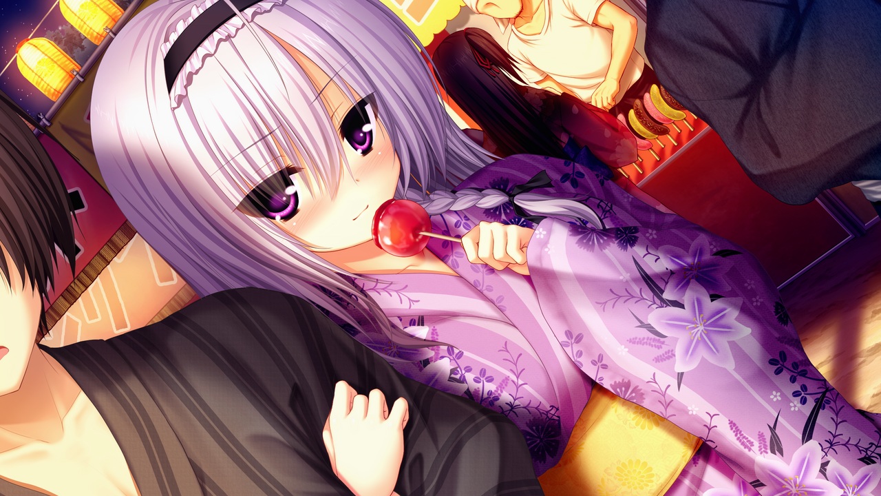 apple, braids, brown_hair, candy, festival, food, fruit, game_cg