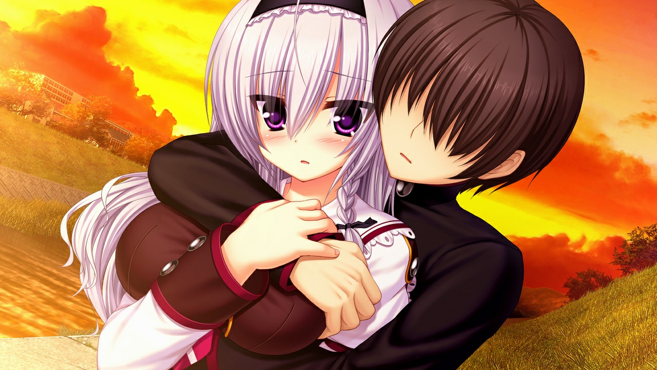 blush, braids, breasts, brown_hair, game_cg, grass, headband, hug