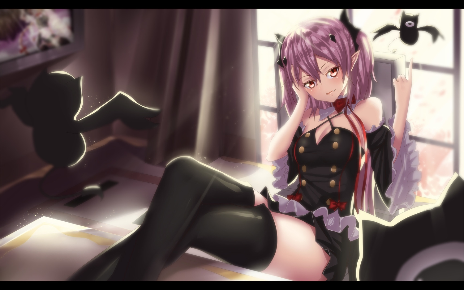 animal, bat, fang, hk_(hk), jpeg_artifacts, krul_tepes, long_hair, owari_no_seraph, pink_hair, pointed_ears, red_eyes, thighhighs, twintails, vampire