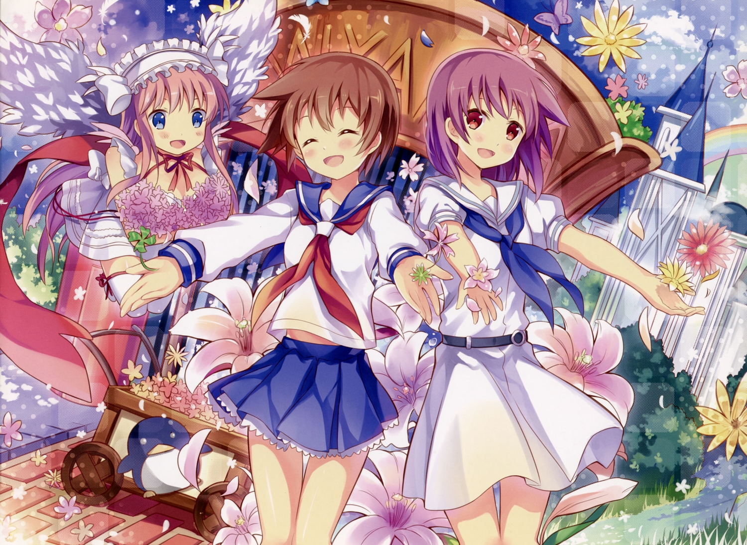 blue_eyes, bow, brown_hair, building, feathers, flowers, haramura_nodoka, headdress