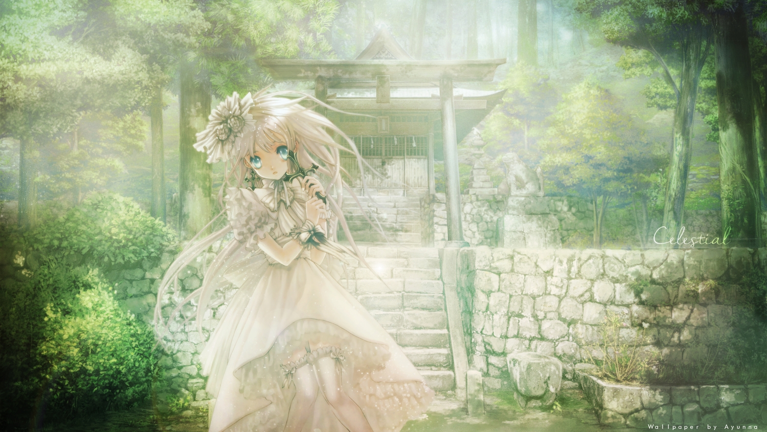 blue_eyes, cross, cura, dress, forest, green, headdress, lolita_fashion