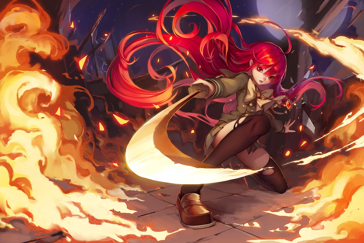 bow, fire, jpeg_artifacts, loewy, long_hair, necklace, red_hair, ruins