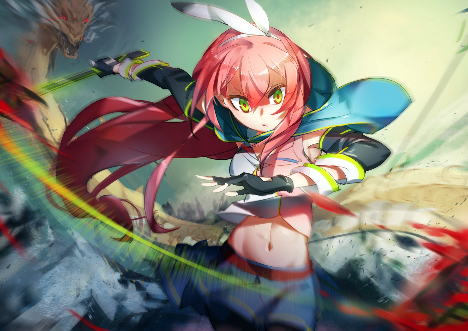 cape, dragon, gloves, green_eyes, headband, jpeg_artifacts, navel, original, pg_(pgouwoderen), pixiv_fantasia, red_hair, skirt, sword, weapon