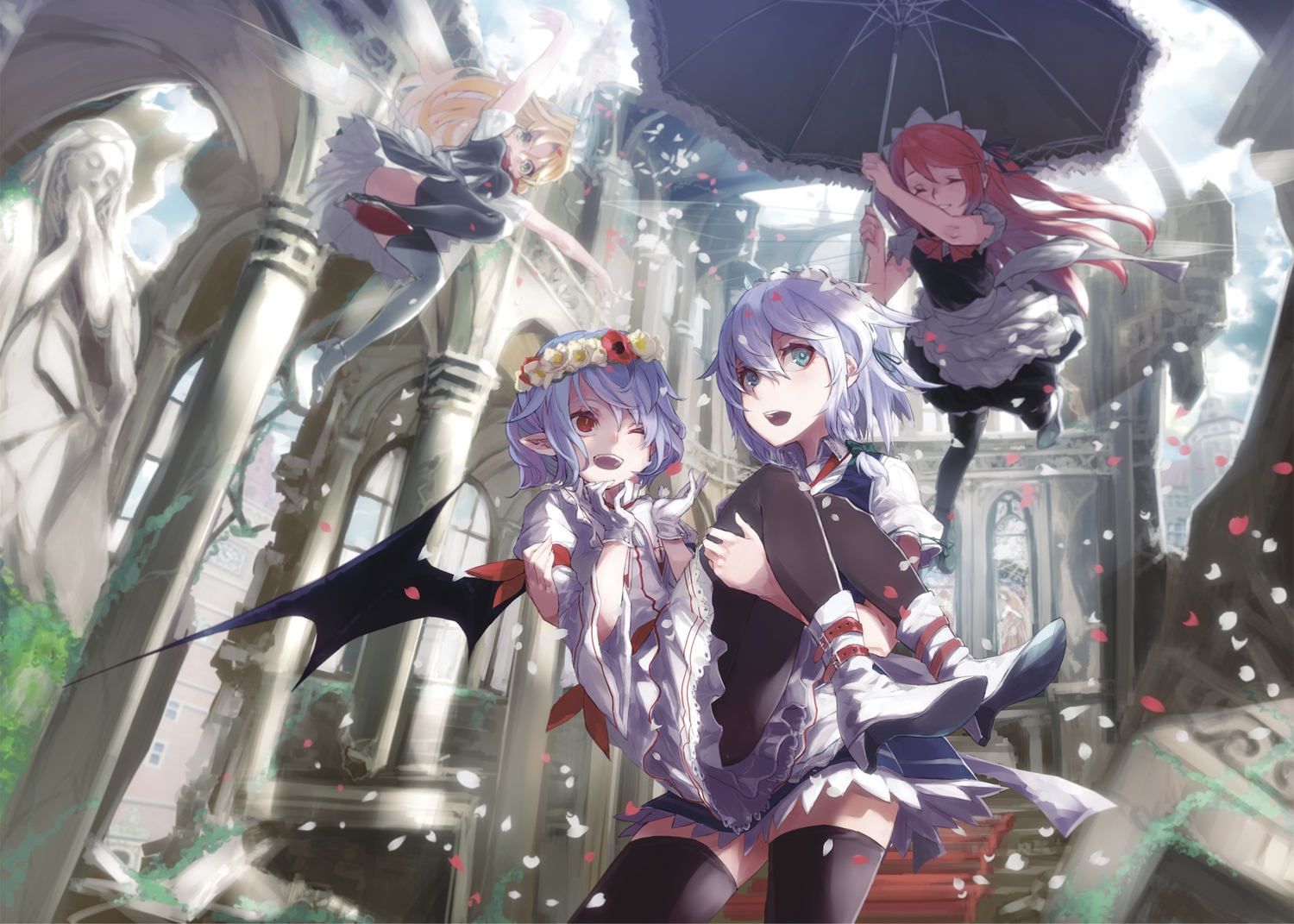 apron, blonde_hair, boots, building, fairy_maid, flowers, group, headdress, izayoi_sakuya, kumonji_aruto, long_hair, maid, pantyhose, petals, pointed_ears, red_hair, remilia_scarlet, thighhighs, touhou, umbrella, vampire, wings, wink