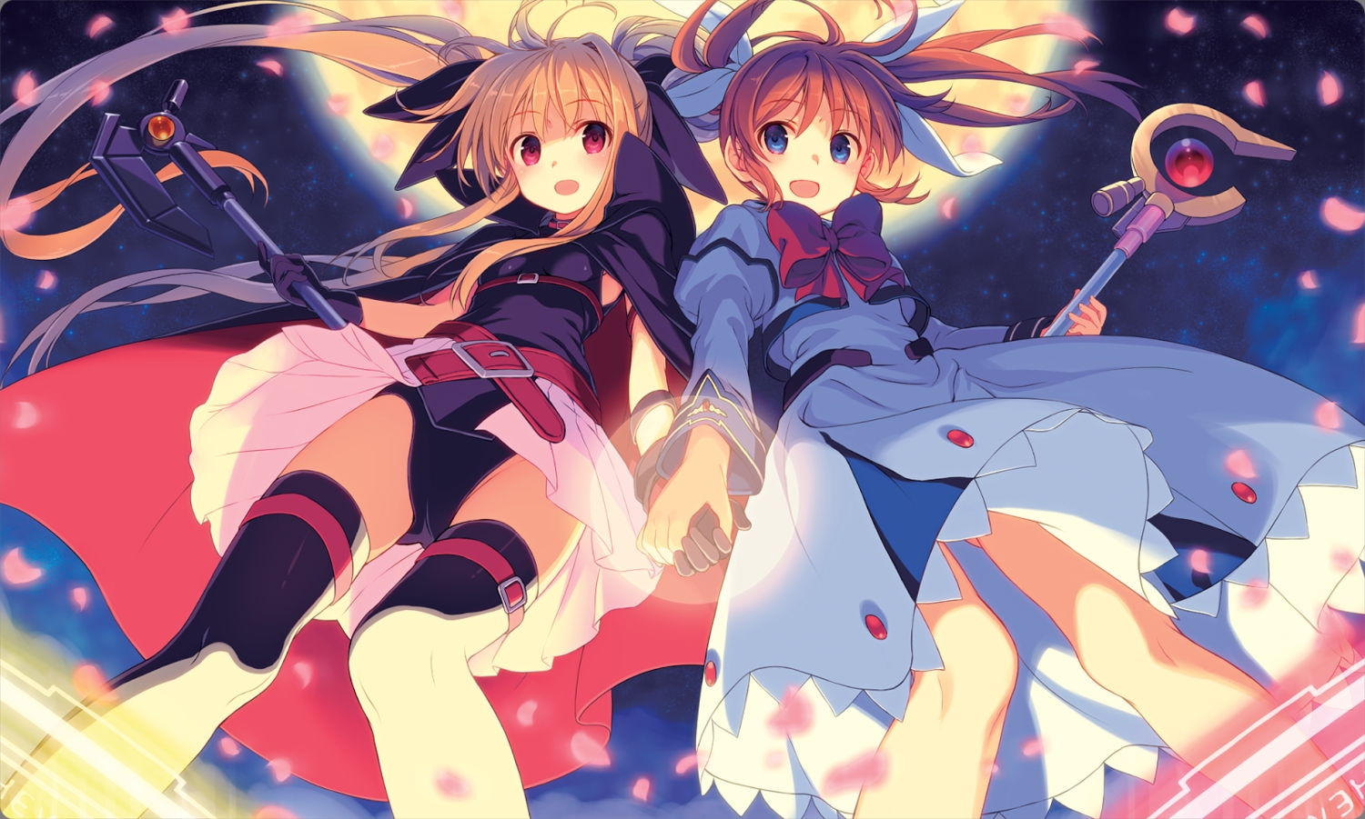 2girls, blonde_hair, blue_eyes, bodysuit, bow, dress, fate_testarossa, long_hair, mahou_shoujo_lyrical_nanoha, moon, petals, red_eyes, red_hair, ribbons, staff, takamachi_nanoha, twintails, yashiro_seika
