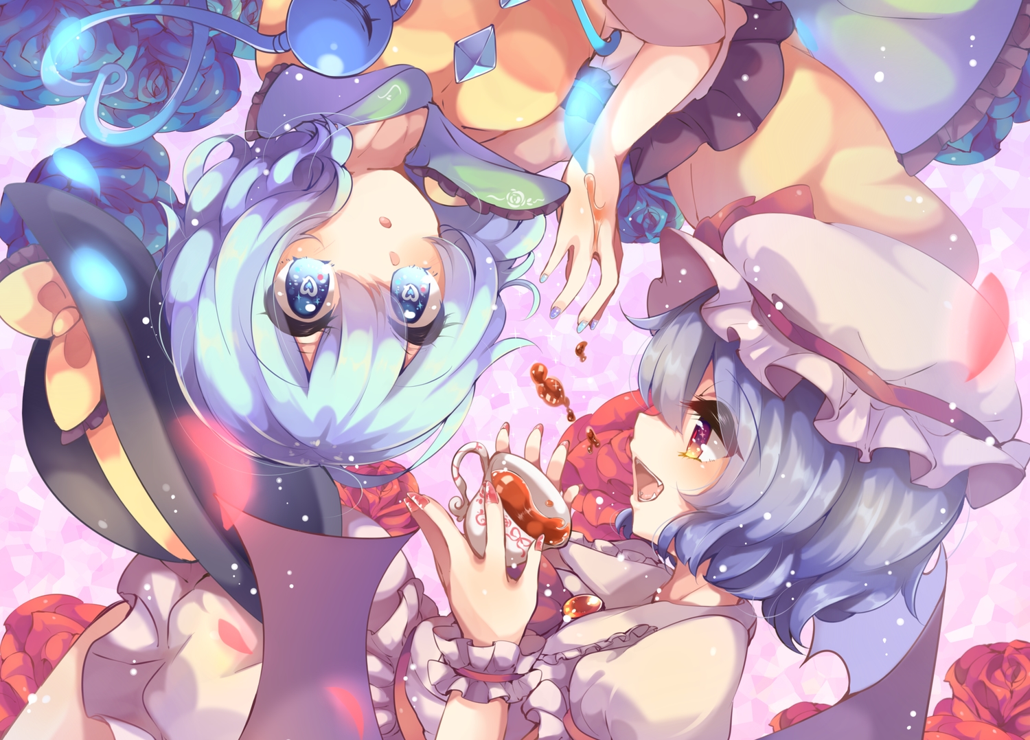 blood, blue_eyes, blue_hair, hat, kaenuco, komeiji_koishi, purple_hair, remilia_scarlet