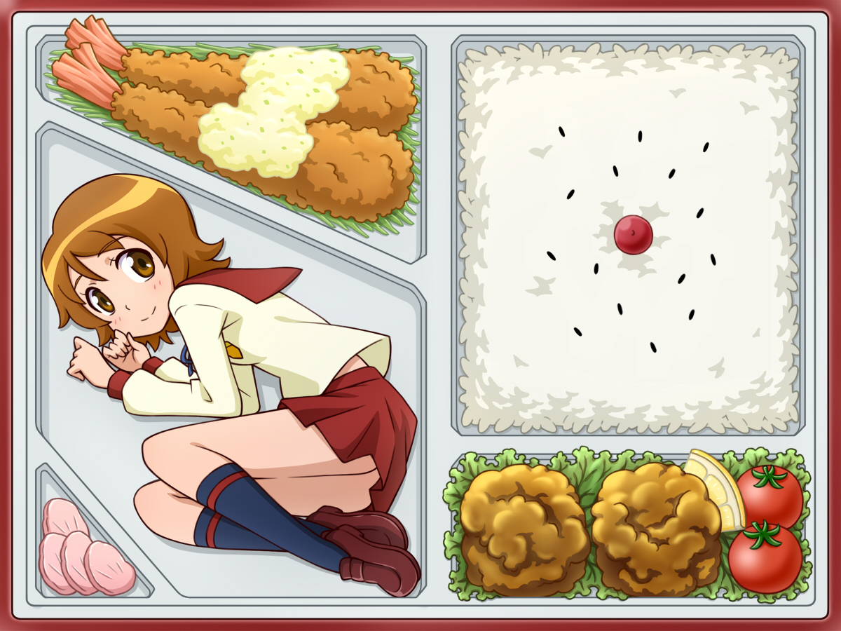 brown_eyes, brown_hair, food, happinesscharge_precure!, kneehighs, oomori_yuuko, pikuharu, school_uniform, short_hair