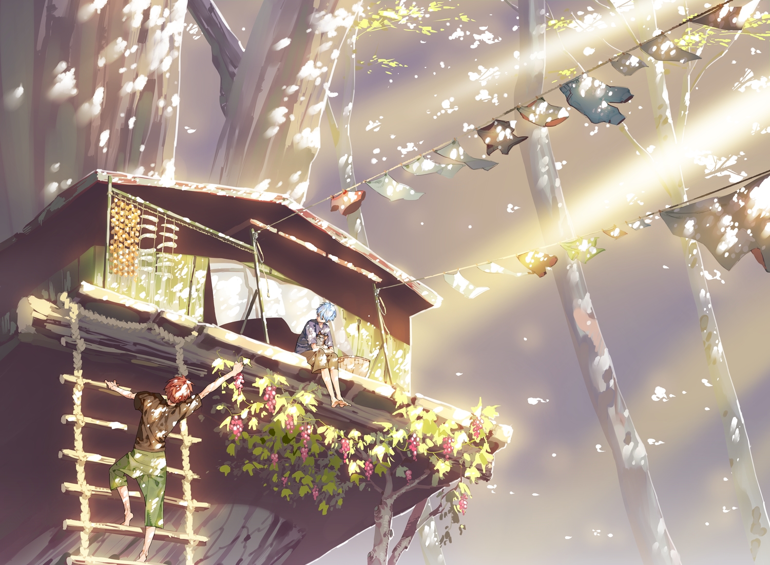 all_male, barefoot, blue_hair, food, fruit, hana_bell_forest, kagami_taiga, kuroko_no_basket, kuroko_tetsuya, leaves, male, petals, red_hair, scenic, short_hair, shorts, tree