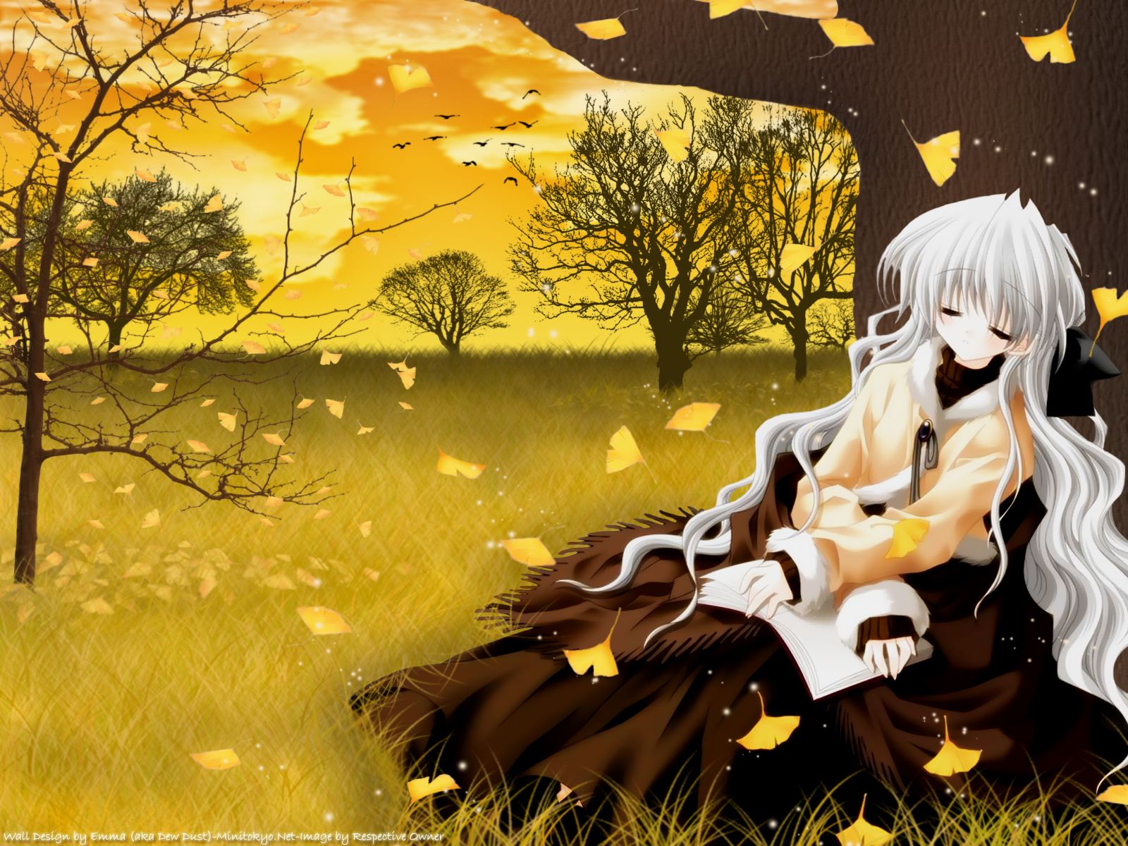 autumn, book, long_hair, re-laive, sakurazawa_izumi, serizawa_aoi, sleeping, white_hair