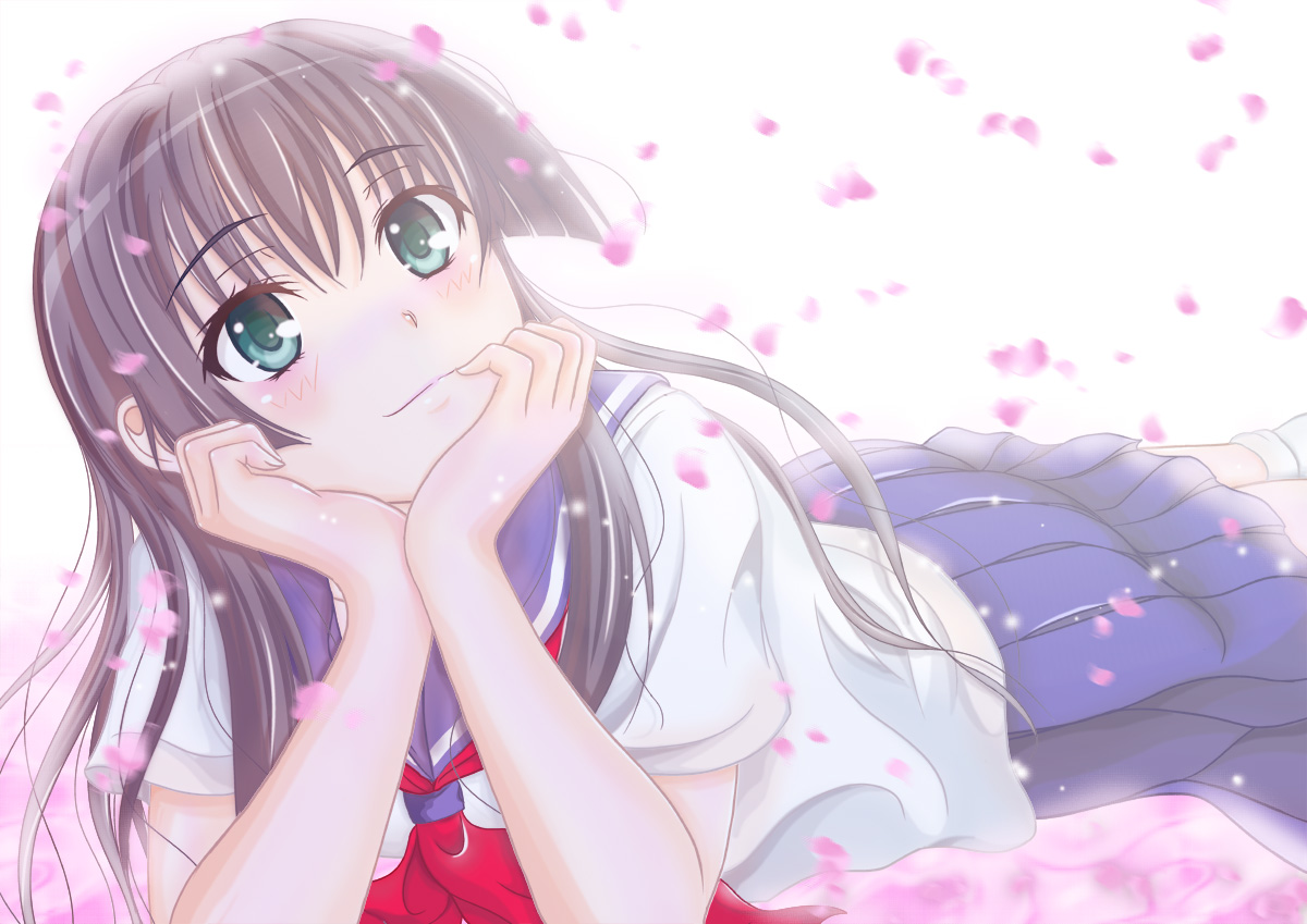 black_hair, blush, green_eyes, h.i.t_(59-18-45), long_hair, petals, saten_ruiko, school_uniform, skirt, to_aru_kagaku_no_railgun, to_aru_majutsu_no_index