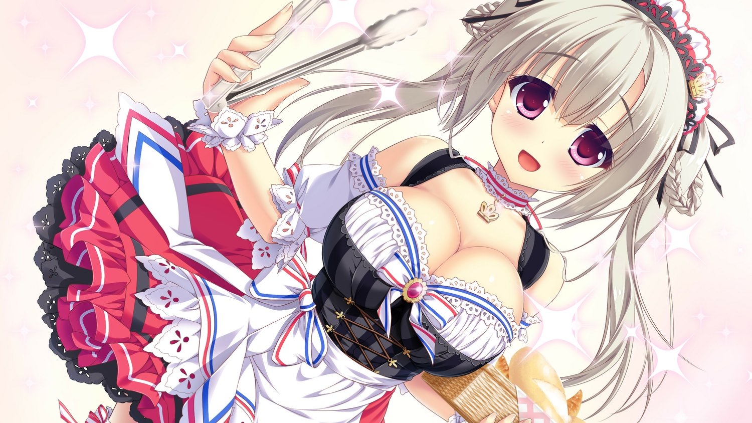 ameto_yuki, blonde_hair, breasts, choker, cleavage, game_cg, gray_hair, headdress, pure_x_connect, purple_eyes, shinozaki_ayumi_(pure_x_connect), smee, twintails, waitress, wristwear