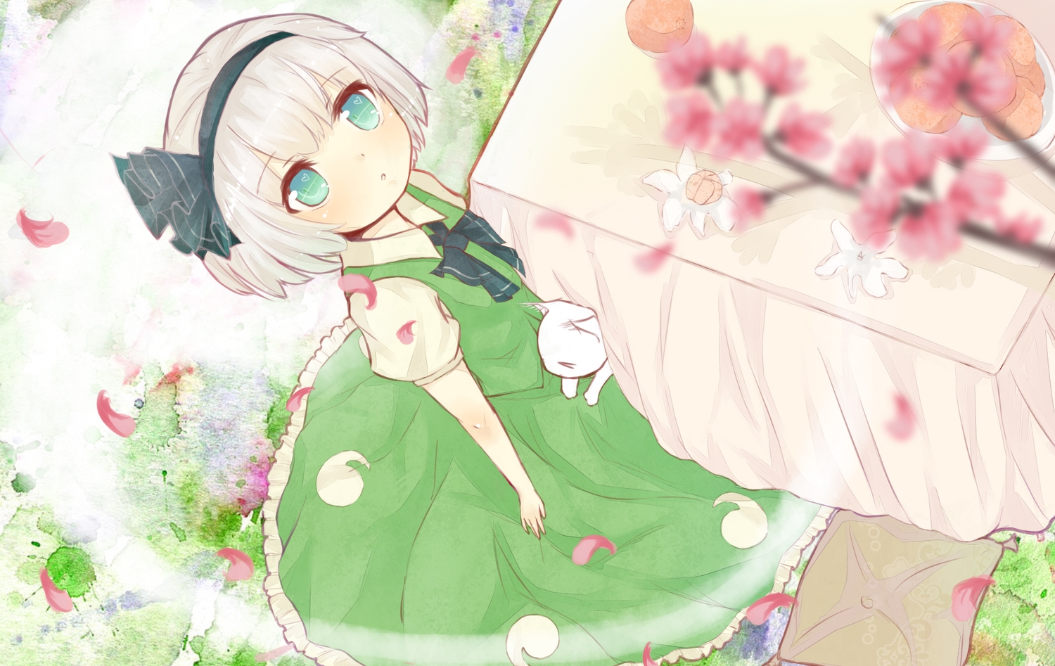animal, aqua_eyes, benmiaobituona, cat, dress, flowers, headband, konpaku_youmu, kotatsu, myon, touhou, white_hair