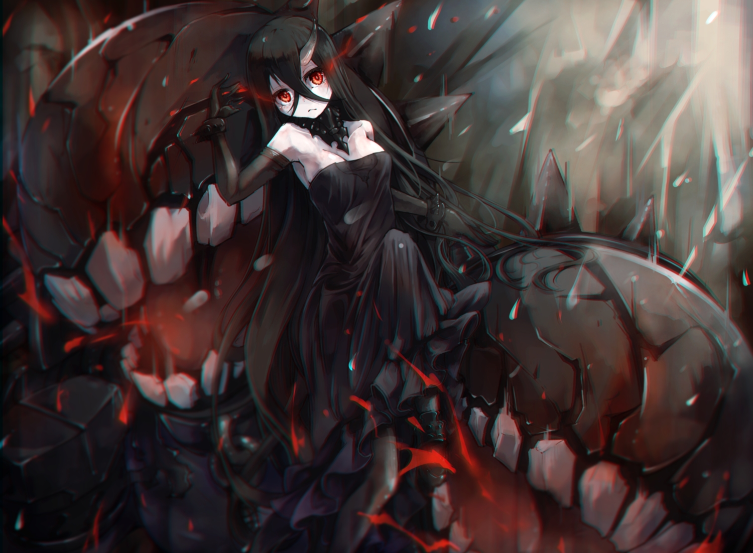 anthropomorphism, battleship_water_oni, black_hair, dress, elbow_gloves, gloves, horns, kajaneko