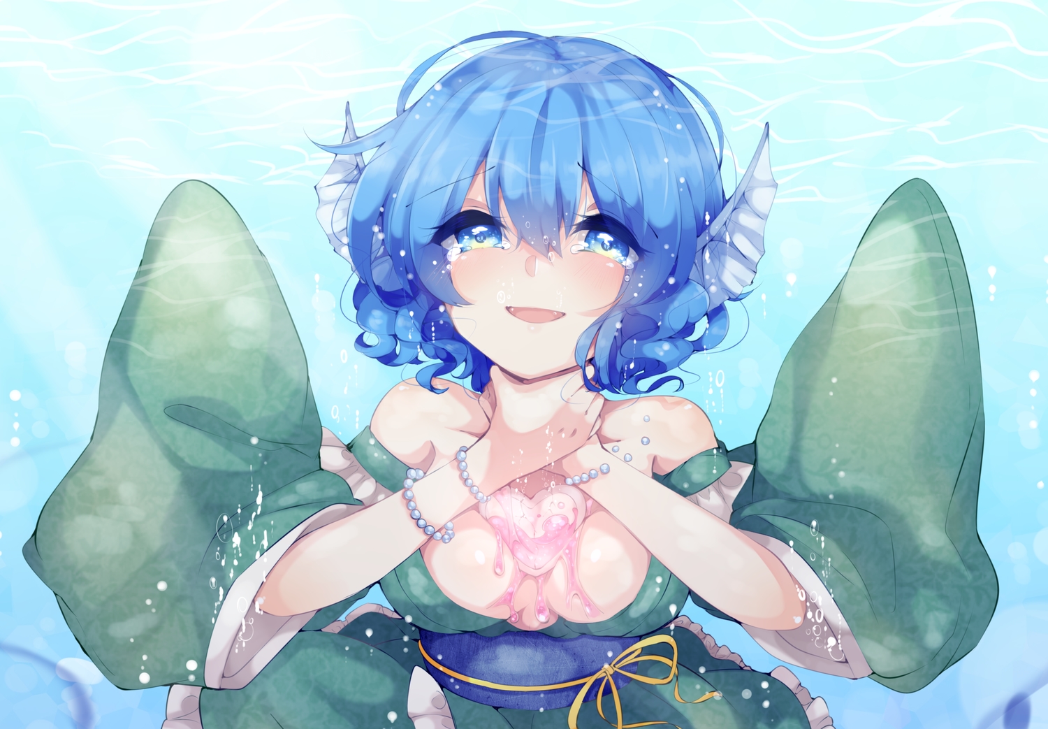 blue_eyes, blue_hair, bubbles, kaenuco, short_hair, touhou, wakasagihime, water