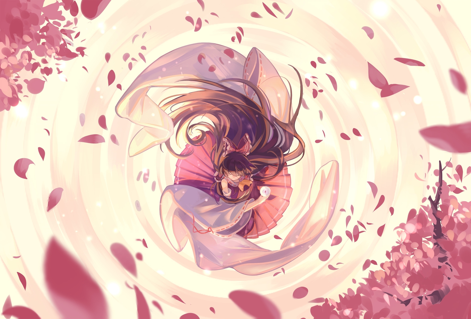 bow, brown_hair, hakurei_reimu, japanese_clothes, long_hair, miko, petals, touhou, zicai_tang