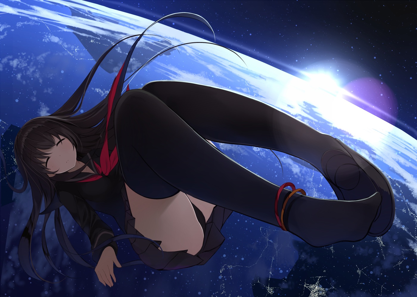 brown_hair, long_hair, netarou, original, planet, school_uniform, skirt, sleeping, space, stars, thighhighs, upskirt