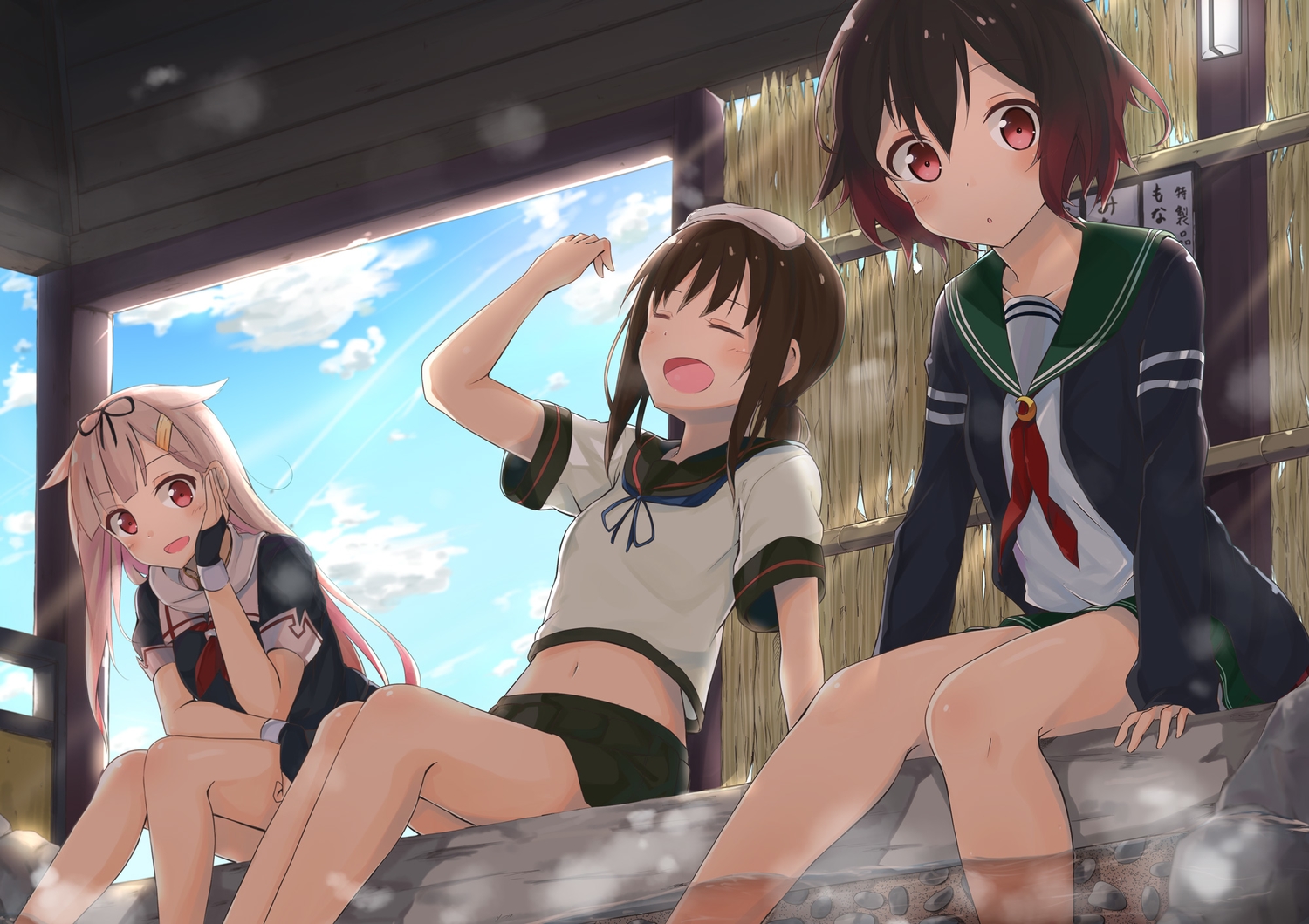 anthropomorphism, blonde_hair, blush, brown_hair, clouds, fubuki_(kancolle), gloves, kantai_collection