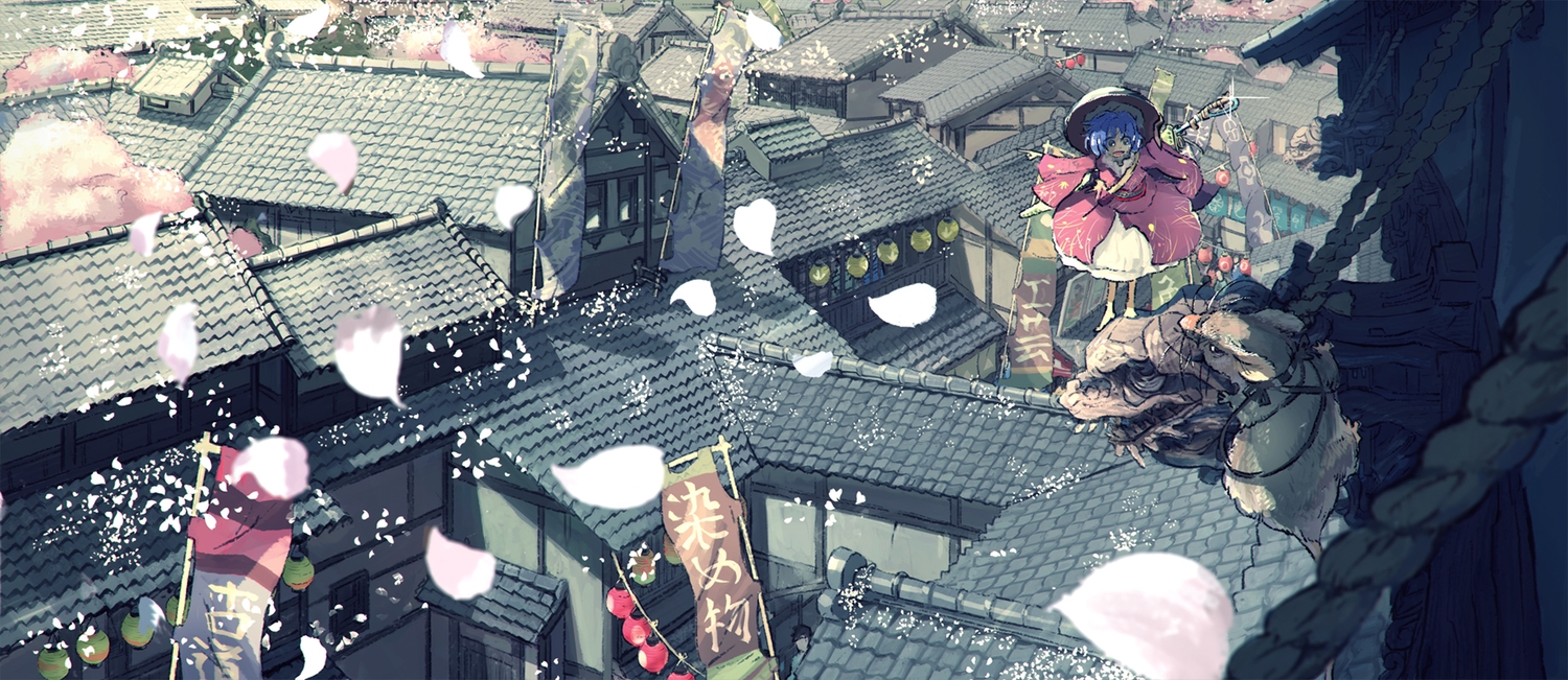 animal, building, cherry_blossoms, city, flowers, hat, japanese_clothes, niy_(nenenoa), petals, scenic, sukuna_shinmyoumaru, touhou