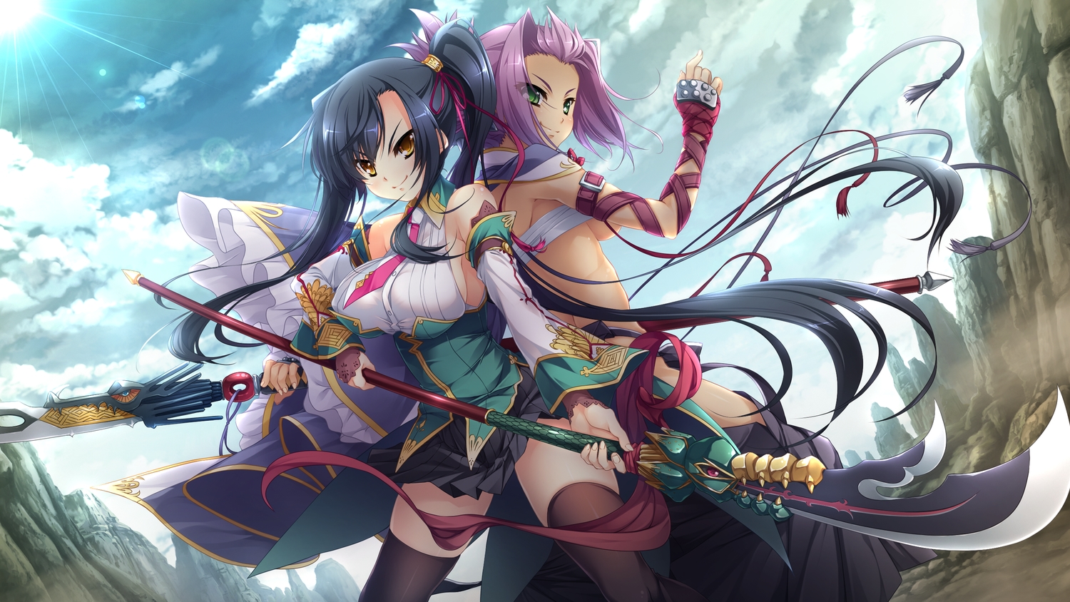 2girls, baseson, black_hair, breasts, chouryou_bunen, gloves, green_eyes, hikage_eiji, kanu, koihime_eiyuutan, koihime_musou, long_hair, purple_hair, sarashi, short_hair, sideboob, sky, thighhighs, underboob, underwear, weapon, wristwear, yellow_eyes