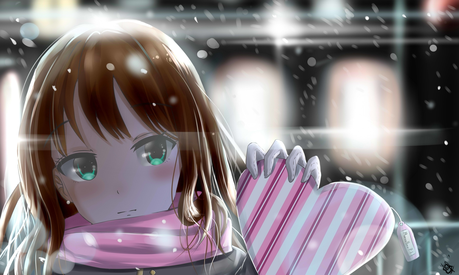 aqua_eyes, brown_hair, idolmaster, idolmaster_cinderella_girls, mike.zen, scarf, shibuya_rin, signed, snow, valentine, winter