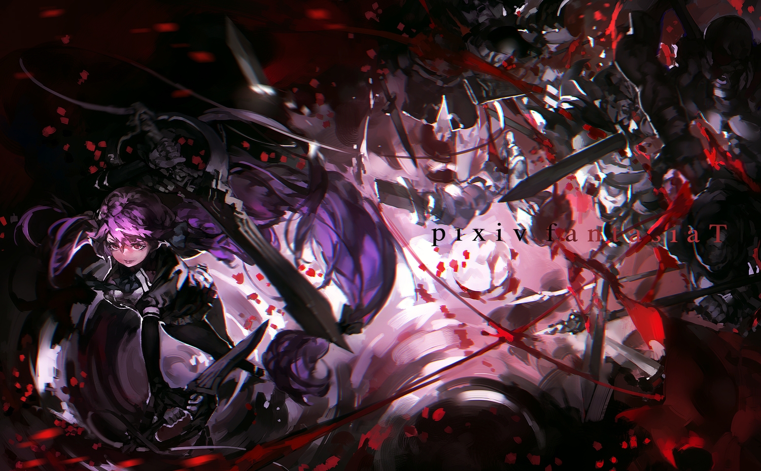 blood, dress, long_hair, original, pantyhose, pixiv_fantasia, purple_eyes, purple_hair, skirt, sword, weapon, yotsuyu
