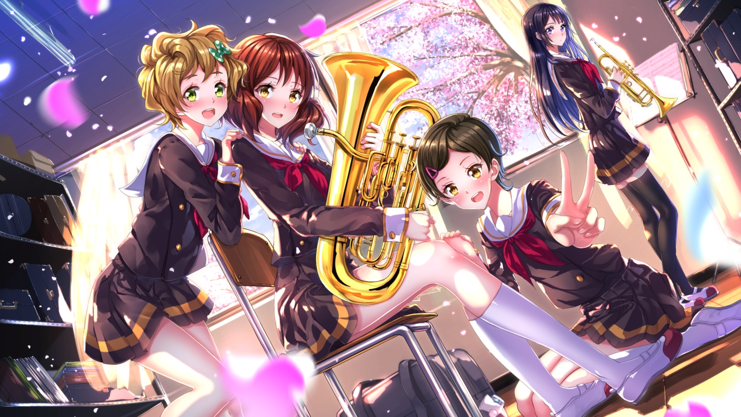 black_hair, blonde_hair, book, brown_hair, cherry_blossoms, flowers, green_eyes, group, hibike!_euphonium, instrument, katou_hazuki, kawashima_sapphire, kneehighs, kousaka_reina, long_hair, music, oumae_kumiko, petals, purple_eyes, red_hair, school_uniform, short_hair, swordsouls, thighhighs, tree, yellow_eyes