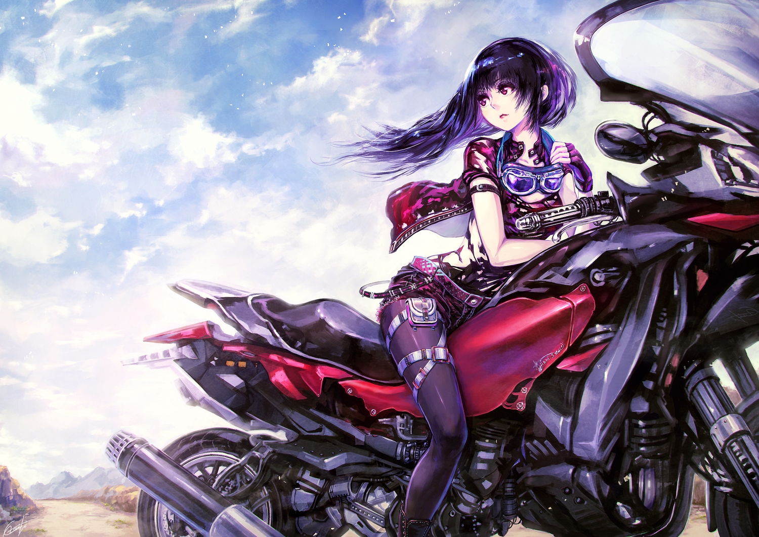 black_hair, clouds, lira_mist, long_hair, motorcycle, original, signed, sky