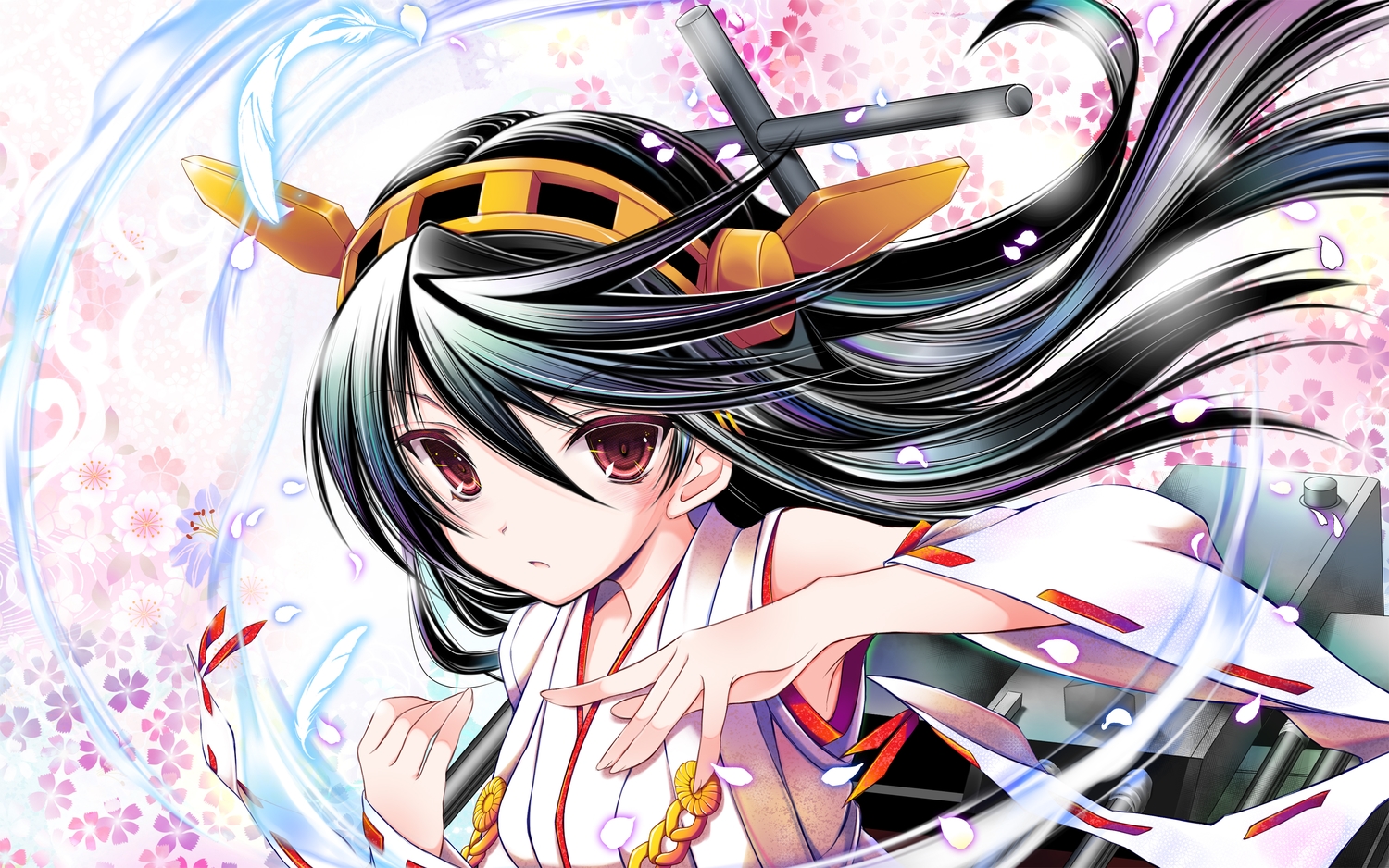 anthropomorphism, black_hair, close, cropped, feathers, haruna_(kancolle), headdress, japanese_clothes