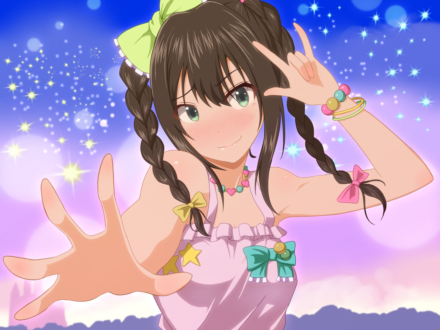 blush, bow, braids, brown_hair, dress, green_eyes, idolmaster, idolmaster_cinderella_girls