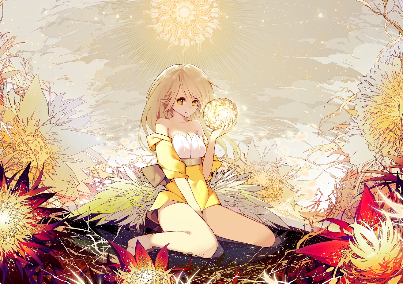 ajahweea, blonde_hair, flowers, long_hair, original, pointed_ears, yellow_eyes