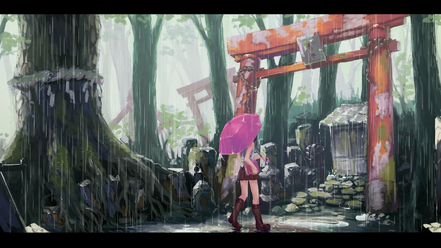 book, boots, building, kaatoso, rain, skirt, torii, touhou