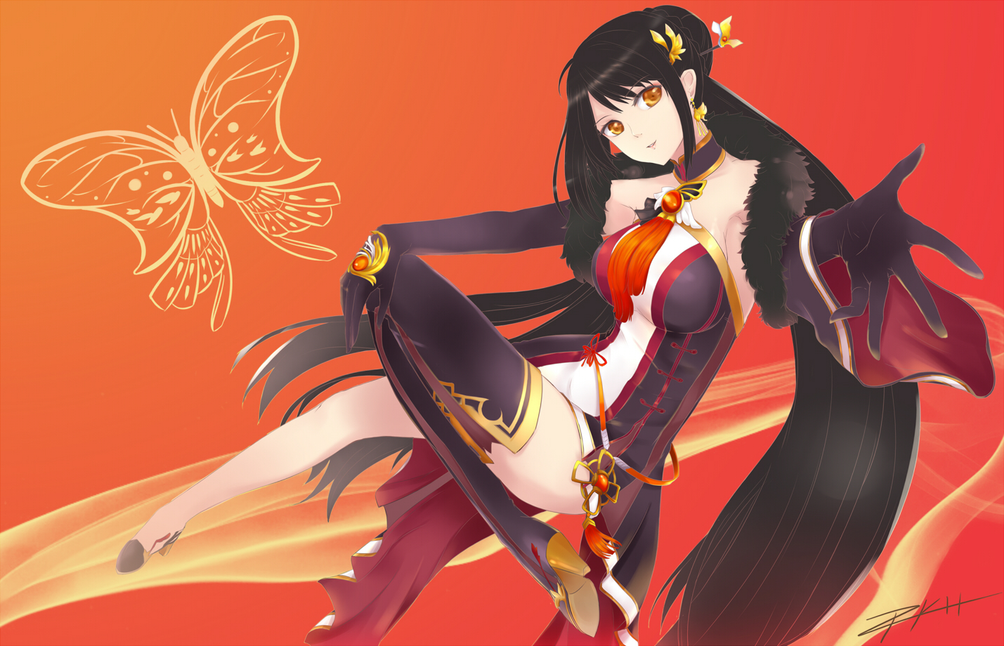 ara_haan, butterfly, choker, elbow_gloves, elsword, gloves, gradient, long_hair, orange, signed, srkh, thighhighs, wristwear, yellow_eyes