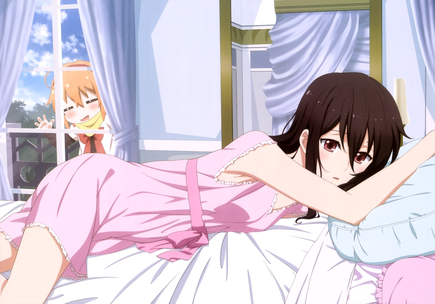 bed, brown_eyes, brown_hair, dress, ichinomiya_eruna, long_hair, mikagura_gakuen_kumikyoku, mikagura_seisa, nyantype, orange_hair, scan, tagme_(artist)