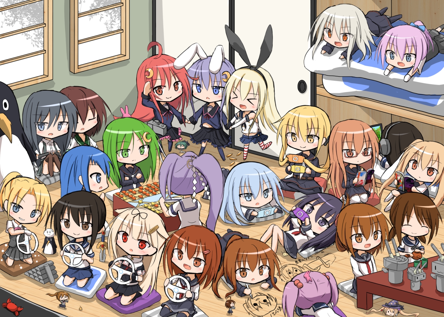 akatsuki_(kancolle), animal_ears, anthropomorphism, arashio_(kancolle), bunny_ears, bunnygirl, cha_(kancolle), chibi, fubuki_(kancolle), fumizuki_(kancolle), game_console, group, hatsuharu_(kancolle), hatsuyuki_(kancolle), hibiki_(kancolle), hiyoko_(kancolle), ikazuchi_(kancolle), kantai_collection, kikuzuki_(kancolle), maikaze_(kancolle), majokko_(kancolle), midori_(kancolle), mochizuki_(kancolle), murasame_(kancolle), mutsuki_(kancolle), nagatsuki_(kancolle), rashinban_musume_(kancolle), rensouhou-chan, samidare_(kancolle), satsuki_(kancolle), sazanami_(kancolle), shimakaze_(kancolle), shiranui_(kancolle), shirayuki_(kancolle), uzuki_(kancolle), yayoi_(kancolle), yuudachi_(kancolle)