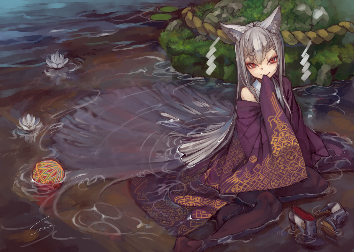 animal_ears, ball, flowers, foxgirl, grass, japanese_clothes, long_hair, original, red_eyes, rope, signed, suzuno_(bookshelf), water, wet