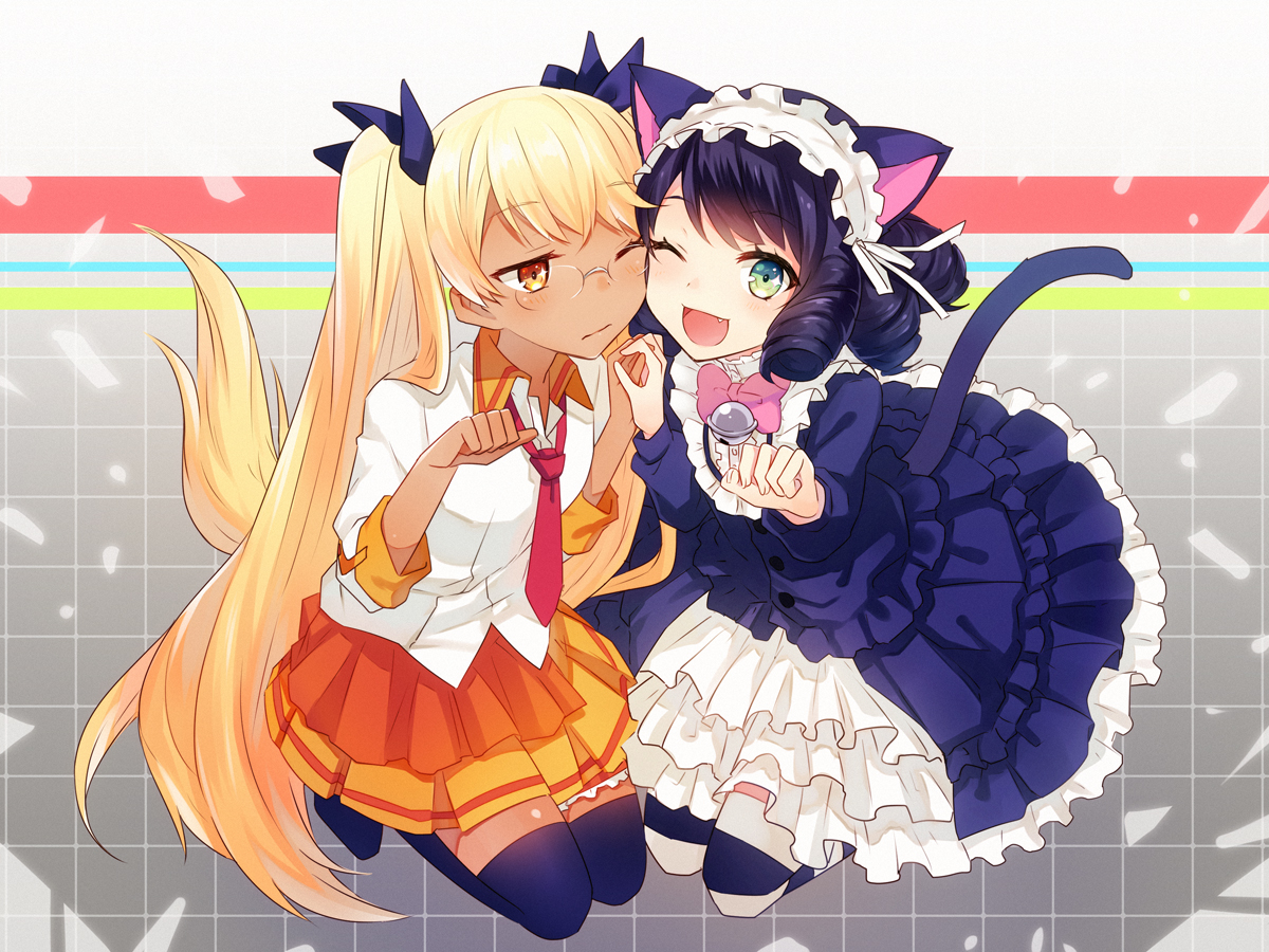 2girls, animal_ears, bell, black_hair, blonde_hair, bow, catgirl, dark_skin