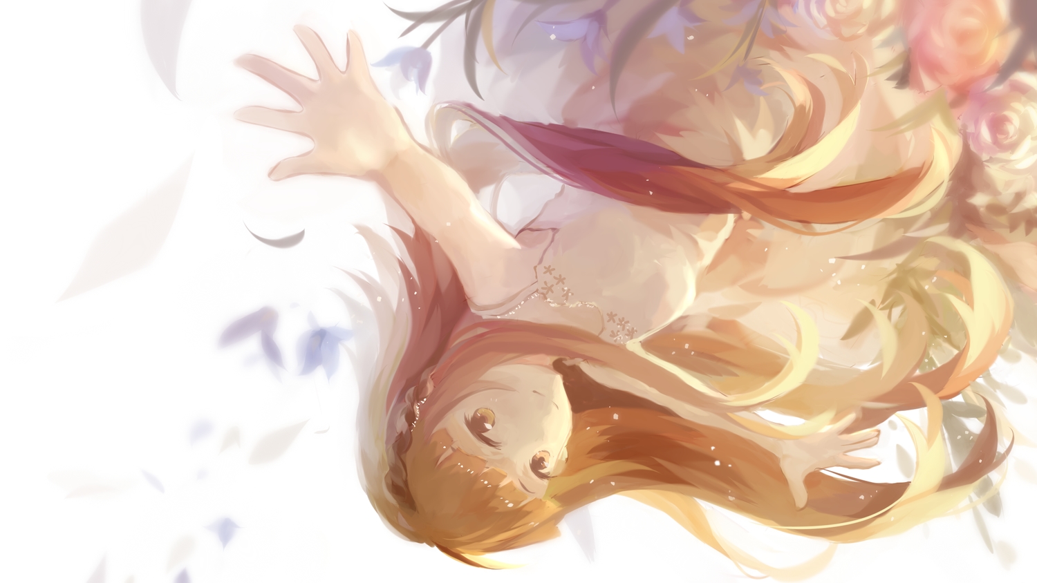braids, brown_eyes, brown_hair, deemo, dress, flowers, girl_(deemo), long_hair, petals, rose, shin-kun, summer_dress, white