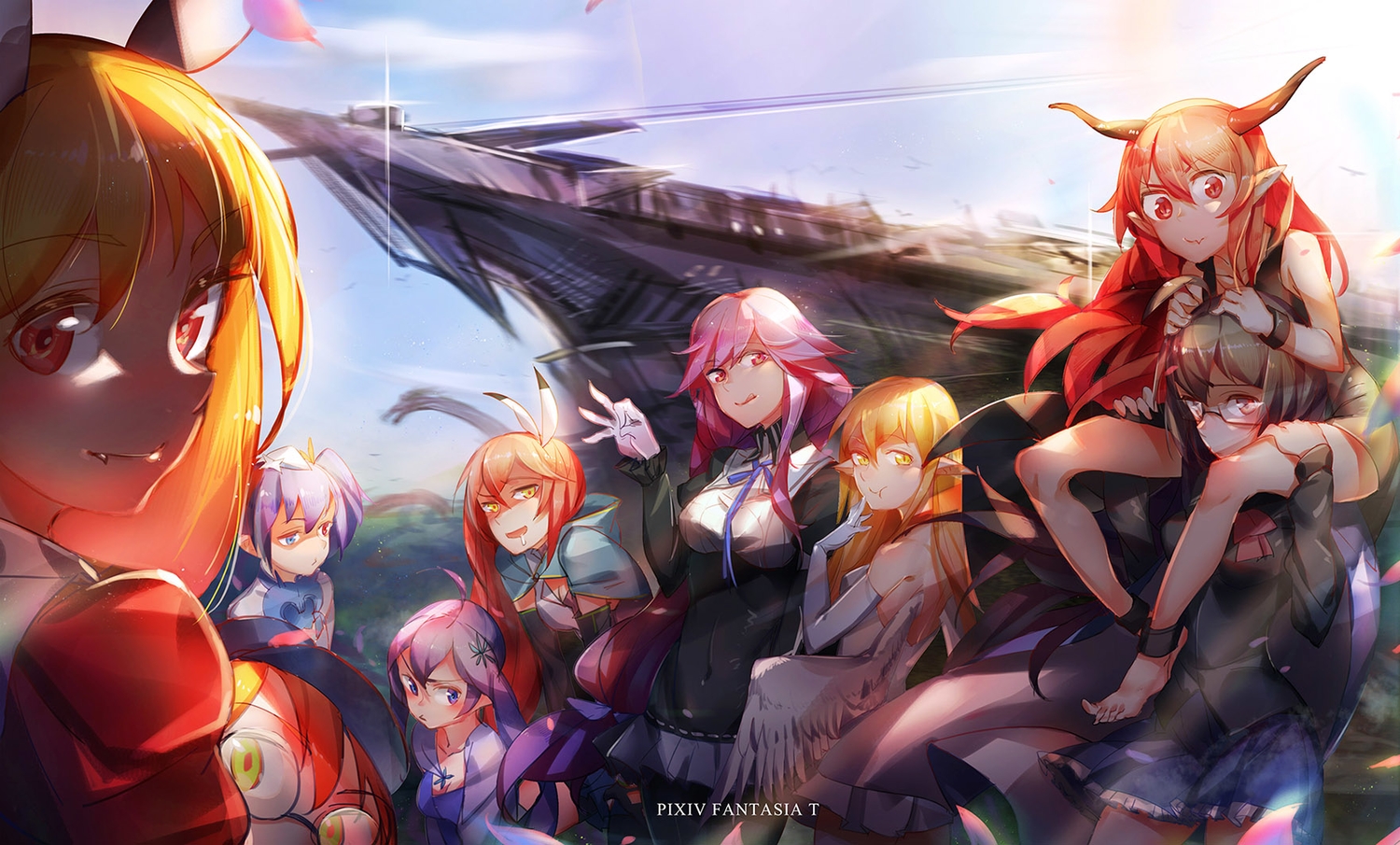 bicolored_eyes, blonde_hair, blue_eyes, breasts, cleavage, fang, glasses, horns