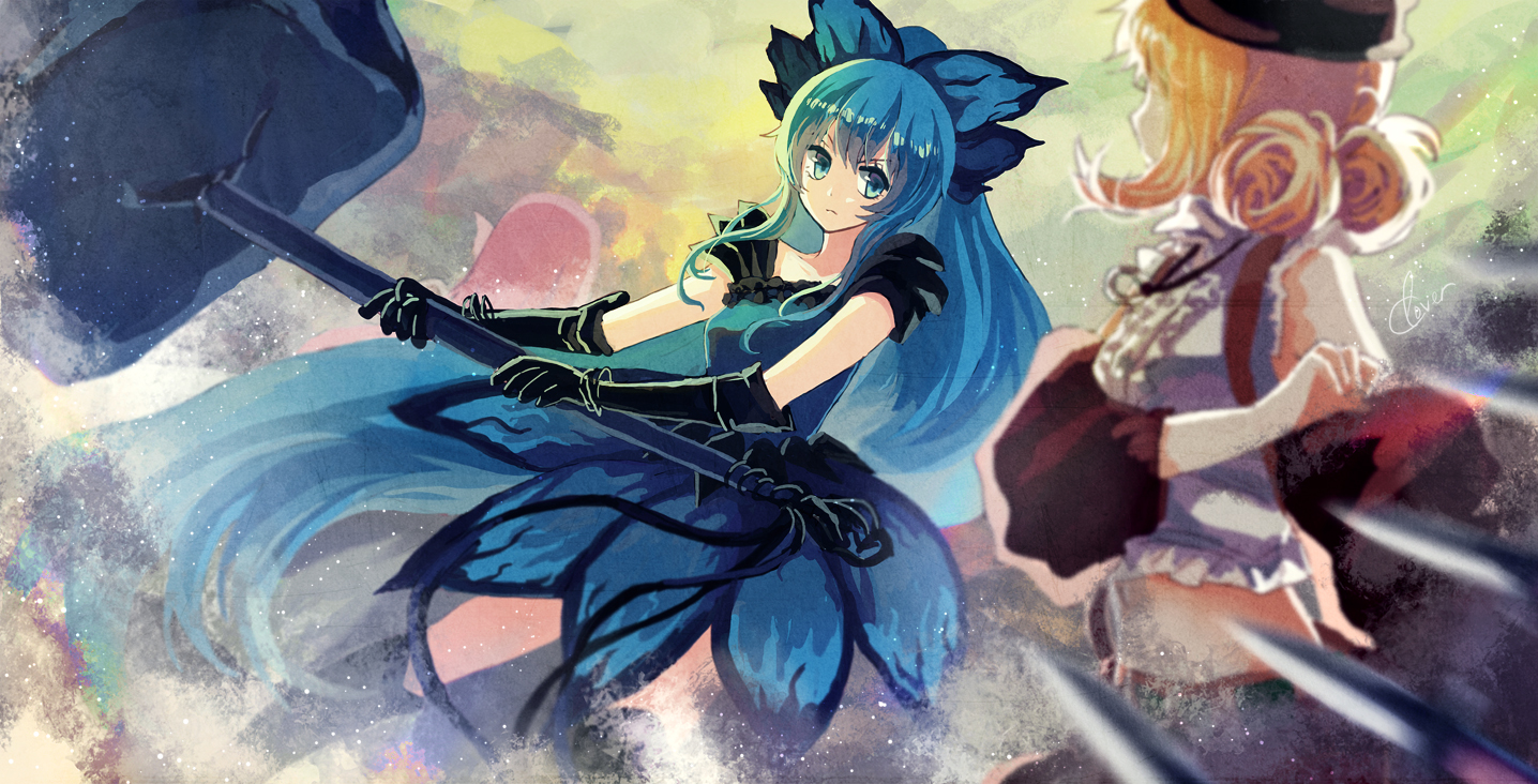 2girls, aqua_eyes, blonde_hair, blue_hair, bow, dress, elbow_gloves, gloves