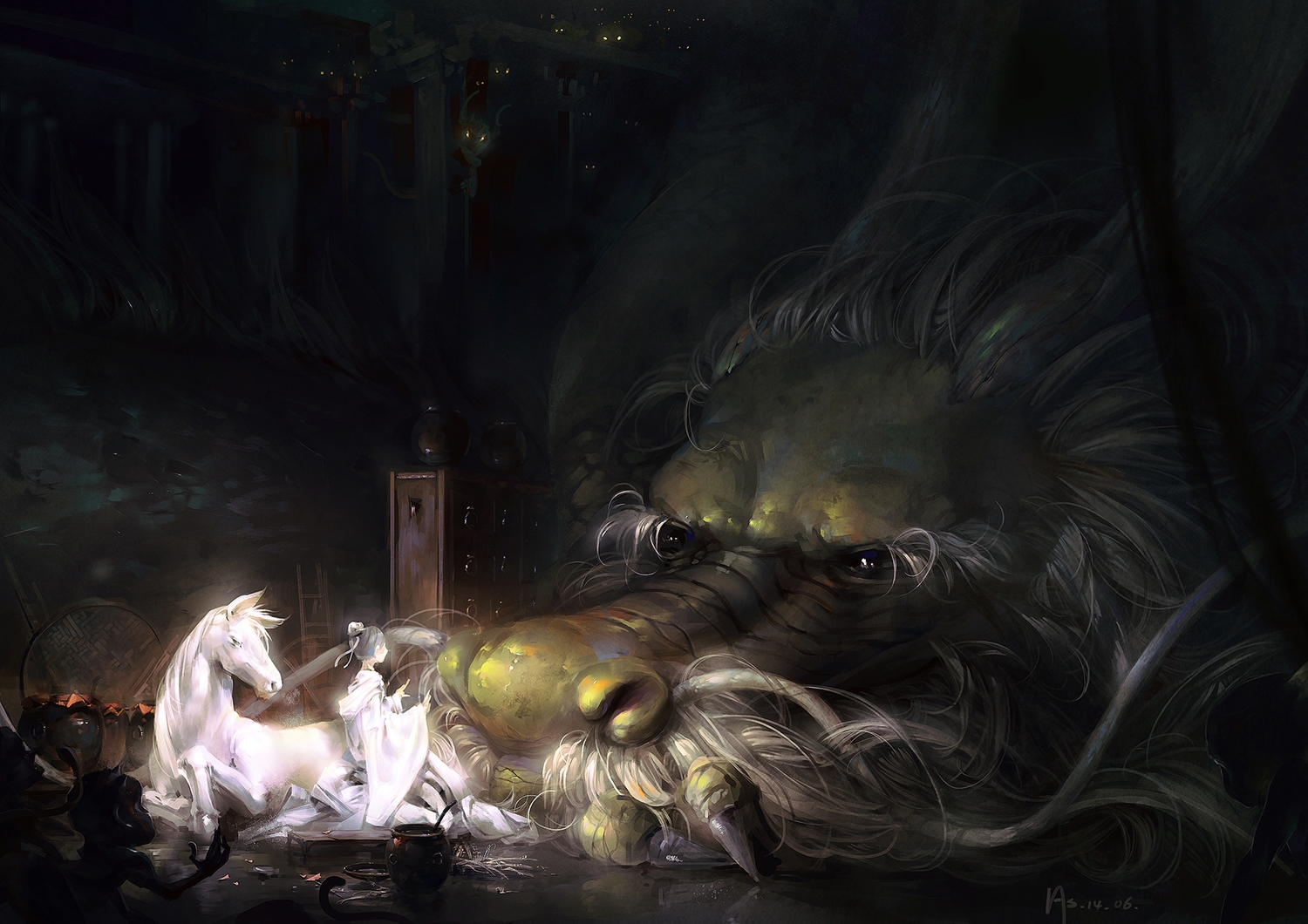 animal, a-shacho, chinese_clothes, demon, dragon, horns, horse, original