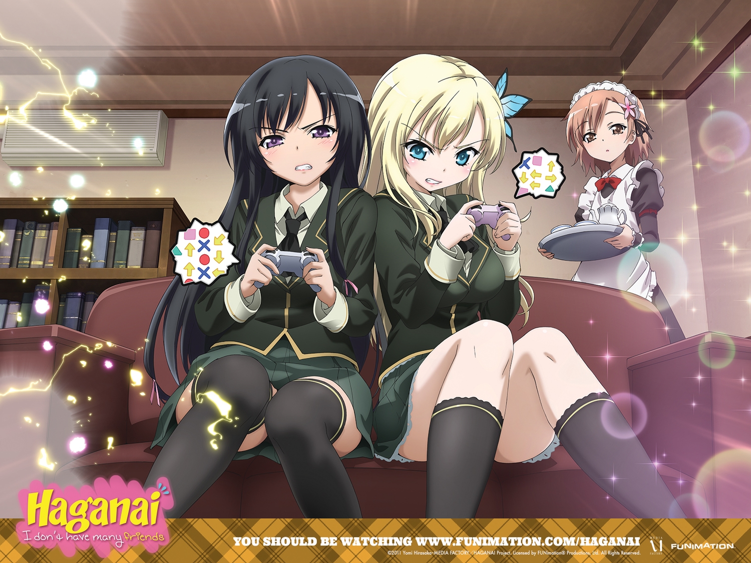 apron, aqua_eyes, black_hair, blonde_hair, blush, boku_wa_tomodachi_ga_sukunai, book, breasts