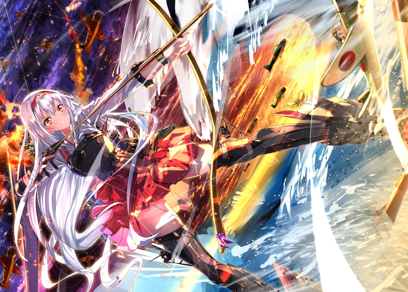 anthropomorphism, bow_(weapon), equipments_fairy_(kancolle), fire, kantai_collection, long_hair, shoukaku_(kancolle), sword