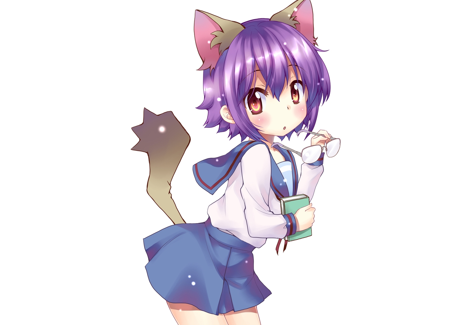 animal_ears, blush, book, brown_eyes, catgirl, glasses, hoshino_madoka, nagato_yuki, nagato_yuki-chan_no_shoushitsu, purple_hair, school_uniform, short_hair, skirt, suzumiya_haruhi_no_yuutsu, tail, third-party_edit, white