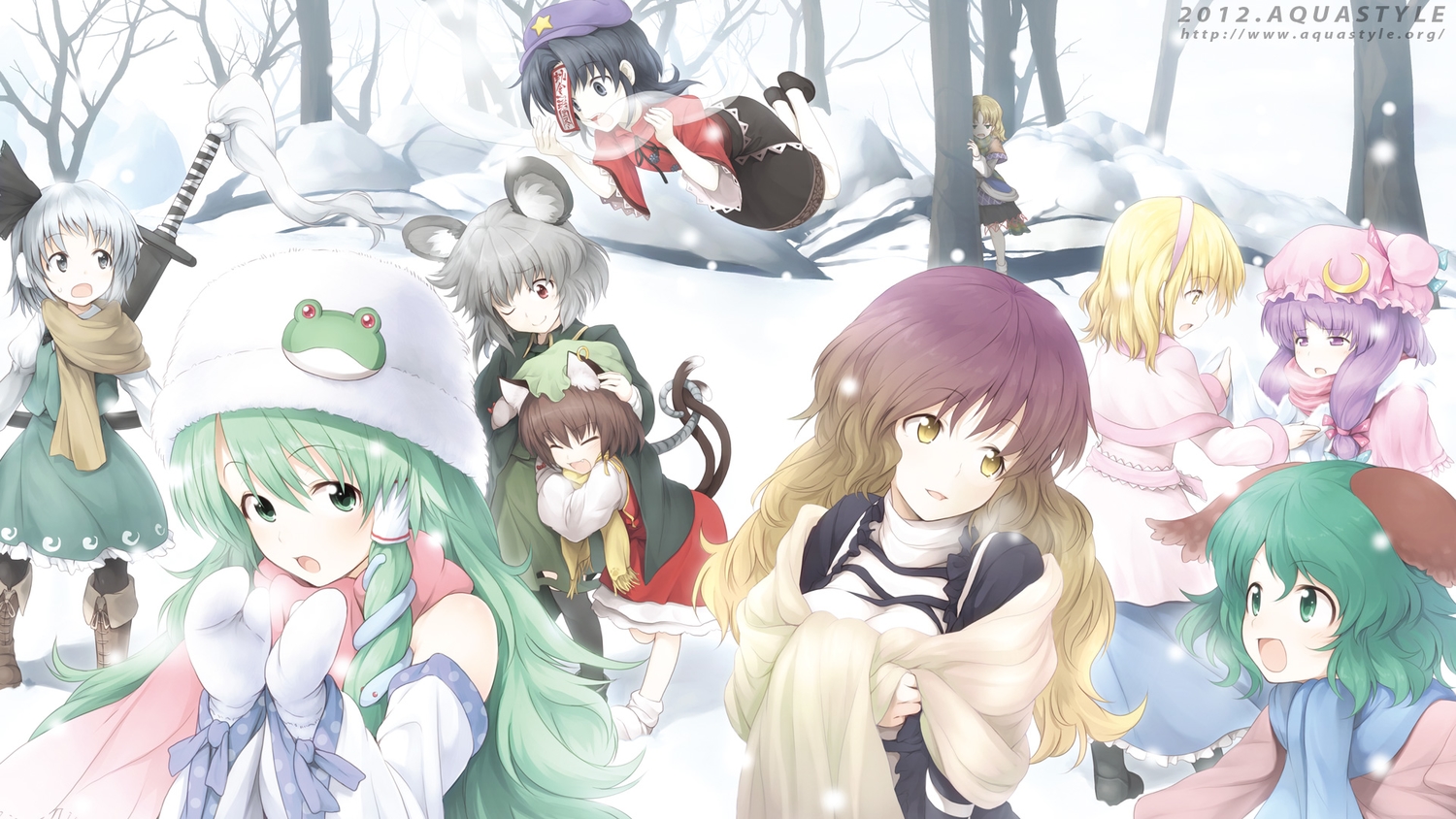 alice_margatroid, animal_ears, aqua-lia, catgirl, chen, group, hat, hijiri_byakuren, japanese_clothes, kasodani_kyouko, kochiya_sanae, konpaku_youmu, miko, miyako_yoshika, mizuhashi_parsee, mousegirl, myon, nazrin, patchouli_knowledge, snow, touhou, tree, winter